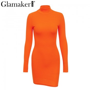 Sexy turtleneck knitted dress Women summer bodycon black dress Female long sleeve party Orange Yellow Apricot